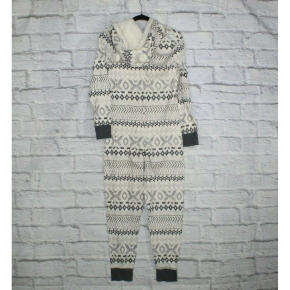 VICTORIA'S SECRET White Snowflakes Fleece Hooded Cozy Jumpsuit Size L - Picture 8 of 9